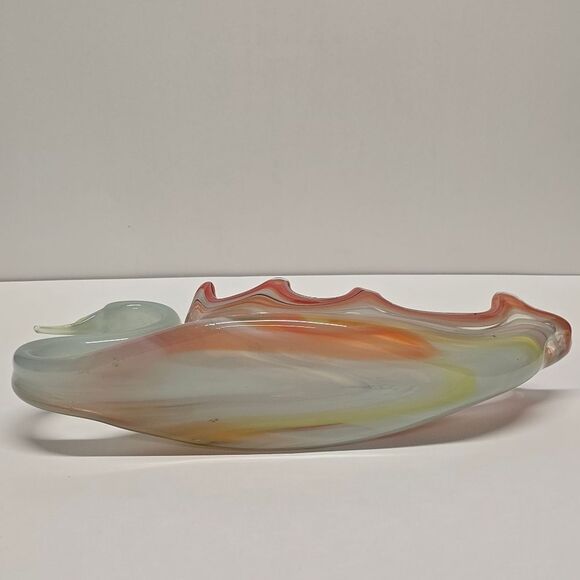 Vintage Sooner Glass Swan Bowl Hand Blown Vase MCM Orange Blue Large - Picture 7 of 9